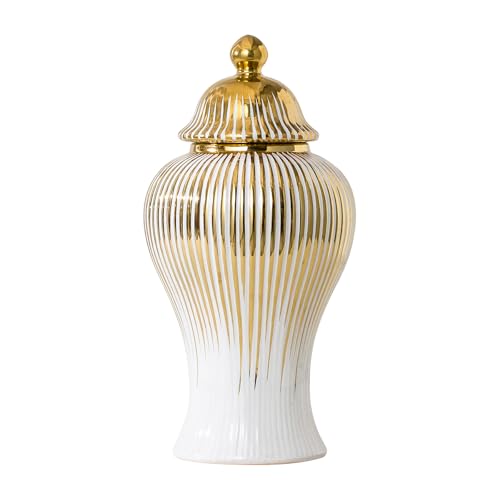 Ginger Jar, Decorative Porcelain Ginger jar with lid, White Gold Ceramic Vase for Decor Decor, Kitchen, Bookshelf Decor, Storage jar, Table Center Vase(12in) - color: White and Gold, size: 12 Inch