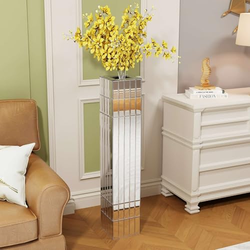 36" Tall Mirrored Floor Vase, Silver Decorative Large Vase with Reflective Glass Panels, Luxury Modern Flower Holder for Living Room, Office, Hotel, Wedding Centerpiece