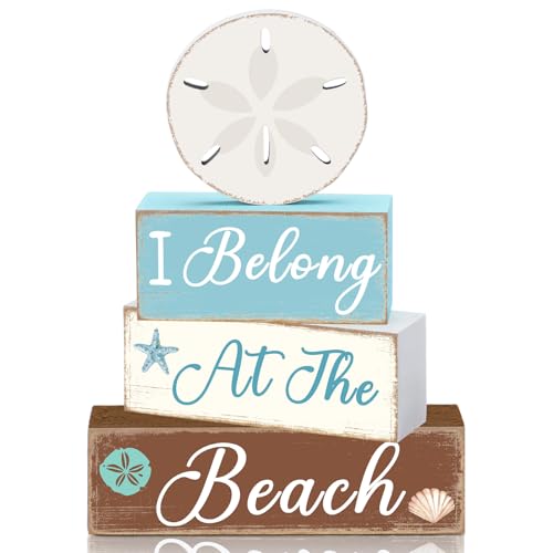 GlikCeil 4 Pcs Beach Coastal Tiered Tray Decor Summer Sand Dollars Wooden Table Centerpieces Blocks Wooden Ocean Blocks Decorations Table Top Sign Decor for Farmhouse, Beach House, Tables Centerpiece - style: Coastal