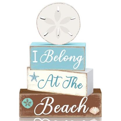 GlikCeil 4 Pcs Beach Coastal Tiered Tray Decor Summer Sand Dollars Wooden Table Centerpieces Blocks Wooden Ocean Blocks Decorations Table Top Sign Decor for Farmhouse, Beach House, Tables Centerpiece - style: Coastal