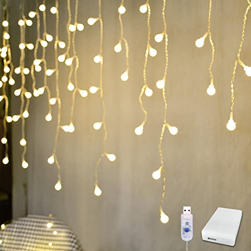 YOLIGHT Fairy Curtain Lights, USB/Battery Powered Ball Icicle Light 13ft 96 LED Globe String Hanging Lights for Bedroom Dorm Wedding Party Christmas Decoration (Warm White) - color: Warm White