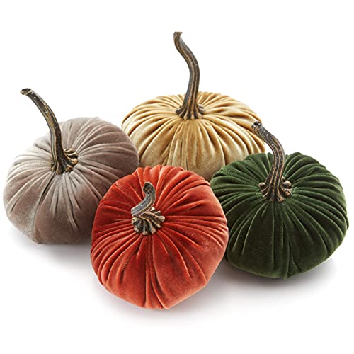 Set of 4 Small Velvet Pumpkins (Sm Rust Gold Olive Taupe) - color: Sm Rust Gold Olive Taupe