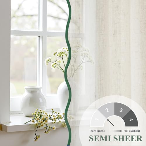 DriftAway Semi Sheer Scalloped Edge Linen Coastal Beach Window Curtains for Living Room Bedroom 2 Panels Rod Pocket Each Size 52 Inch by 84 Inch Loden Green - color: Linen Loden Green, size: 52"W x 84"L (Pack of 2)