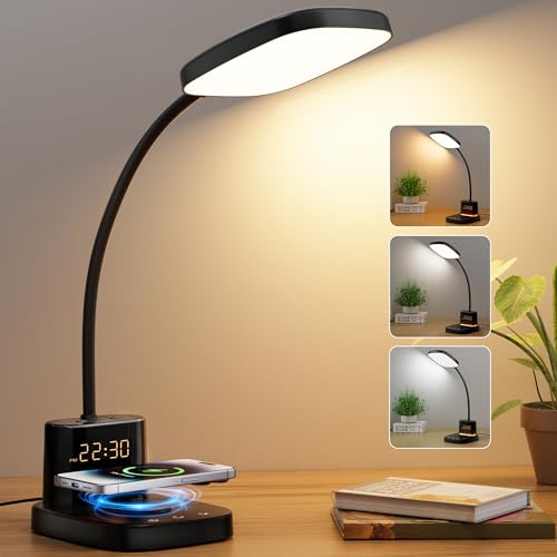 10W Wireless Charging LED Desk Lamp with Clock, Light Black - color: Light Black