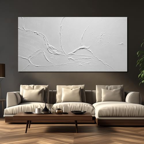 THRLVEART 3D Painting Wall Art For Living Room Extra Large Abstract Canvas Wall Art For Hotel White Wall Decor For Dining Room 40 x 80 Inch - color: White, size: 80"L x 40"W