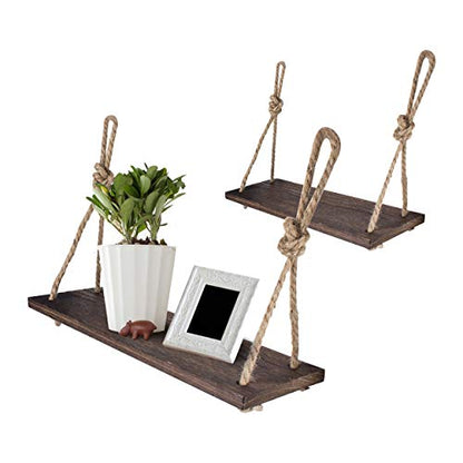 Rope Hanging Floating Shelves, Rustic Wood Wall Decor Swing Shelf with 4 Hooks, Pack of 2