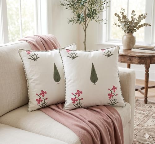 ATOSII Cotton Blockprint Throw Pillow Cover, Cypress, Set of 2, 24 X 24 - color: Cypress, size: 24" x 24" (Pack of 2)
