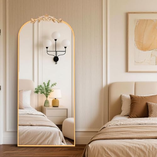MISSDAY Vintage Baroque Full Length Mirror, 71"X32" Antique Large Arched Full Body Mirror Freestanding with French Carving Top, Full Metal Frame Stand Up Retro Mirrors for Bedroom Living Room, Gold - color: Gold, size: 71"L x 32"W