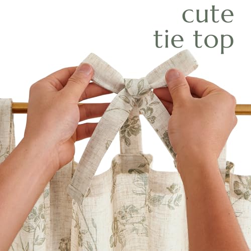 jinchan Green Floral Kitchen Tier Curtains Alisa 36 Inches Tie Top 2 Panles - color: Alisa Green on Linen, size: 26"W x 36"L (Pack of 2)