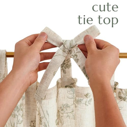 jinchan Green Floral Kitchen Tier Curtains Alisa 24 Inches Tie Top 2 Panles - color: Alisa Green on Linen, size: 26"W x 24"L (Pack of 2)
