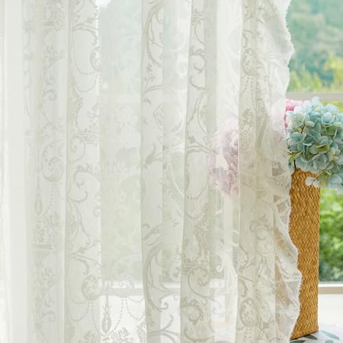 TUDECO Lace Ruffle Curtains 2 Panels - Elegant Floral Sheer Curtains 72 Inch Length for Bedroom Doorway Patio Door, French Rococo Privacy Cream Rod Pocket Window Treatments, 59 x 72 Inch, Ivory - color: Cream, size: 59"W x 72"L (Pack of 2)