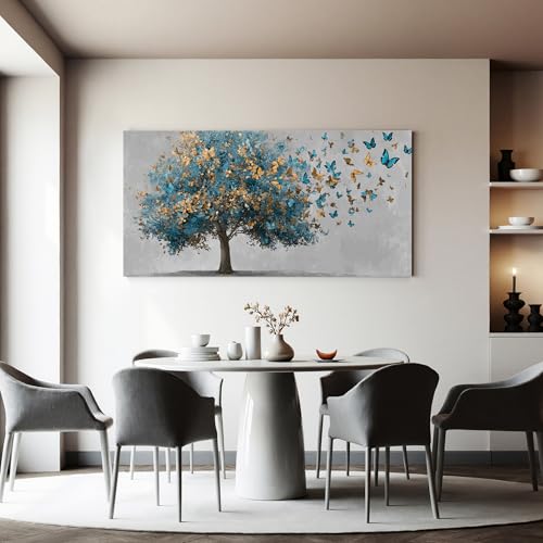 YISXINOAG Blue Gold Tree of Life Wall Art Butterfly Landscape Print 20"X40" - color: grey green, size: 40"L x 20"W