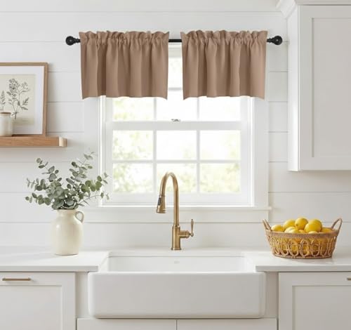 NICETOWN Kitchen Valance Curtain 18 inches Length + 1.6" Header Adjustable Small Window Curtain Valances for Cafe Rod Pocket Curtain Tiers for Kitchen Cabinet Cupboards, 2 PCs, Cappuccino, 42" Wide - color: Cappuccino, size: 42"W x 18"L (Pack of 2)
