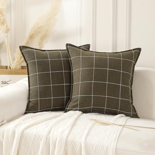 Pure Linen Plaid Throw Pillow Covers 18x18, Set of 2, Khaki - color: Khaki, size: 18x18inch