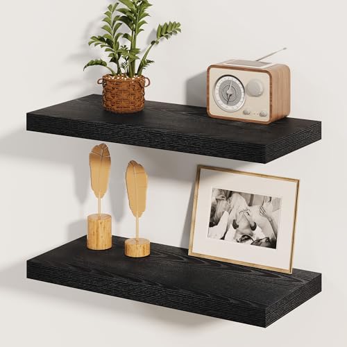 Fun Memories Rustic Black Floating Shelves 24 Inch Long, 8 Inch Deep Floating Shelf, 24 x 8 Wall Shelves Set of 2, Deep Black Bathroom Shelves, 24 Long Floating Bookshelf Wall Mounted - color: Black, size: 24"W x 8"D