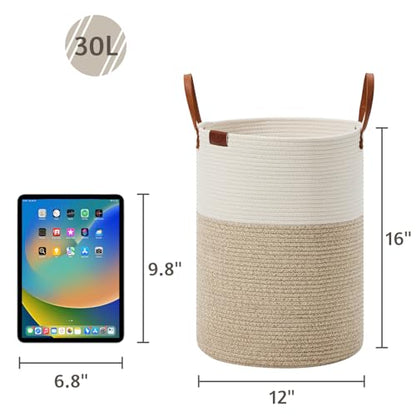 VIPOSCO 30L Small Woven Rope Laundry Hamper, Leather Handles, White & Brown - color: Brown, size: 30L