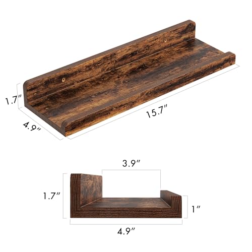 YUFLINX 16’’Rustic Brown Floating Shelves for Wall Set of 6,Rustic Wood Shelf for Room Decor/Storage/Display,Small Bookshelf,Wall Mounted Hanging Shelves for Bedroom, Bathroom, Living Room, Kitchen