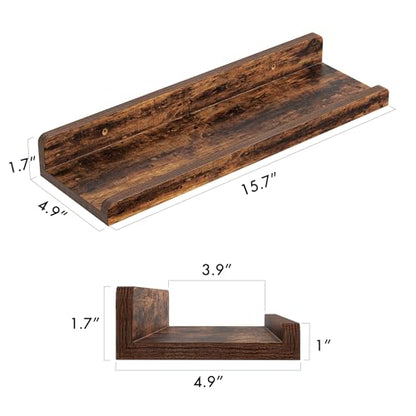 YUFLINX 16’’Rustic Brown Floating Shelves for Wall Set of 6,Rustic Wood Shelf for Room Decor/Storage/Display,Small Bookshelf,Wall Mounted Hanging Shelves for Bedroom, Bathroom, Living Room, Kitchen