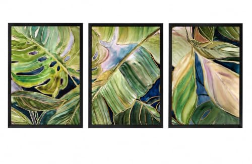 Botanical Leaf Canvas Wall Art 3Pcs Framed Modern Boho Decor 24x16 Inch | Ready to hang painting prints picture poster tropical leaf botanical greenery modern boho style living room bedroom entryway - color: Framed Tropical Green Leaf 09, size: 24"L x 16"