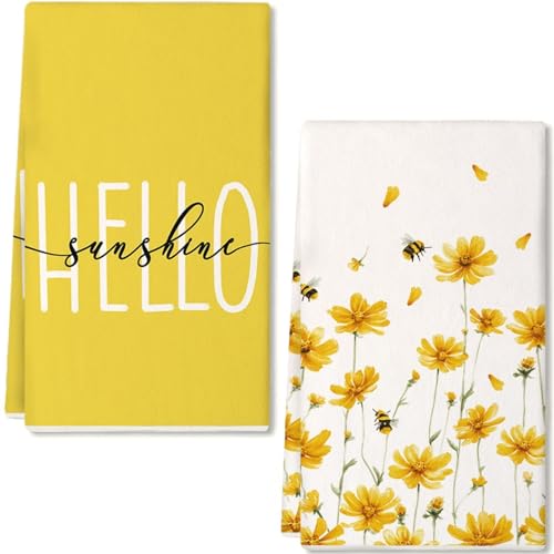 GEEORY Kitchen Towels for Spring Summer Decor Yellow Daisy Dish Towels 18 x 26 Inch Ultra Absorbent Bar Drying Cloth Hello Sunshine Hand Towel for Kitchen Bathroom Party Home Decorations Set of 2