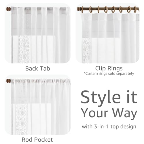 jinchan Floral Linen Curtains, Back Tab 54x63 Inch, 2 Panels White - color: S | Off White, size: 54"W x 63"L (Pack of 2)