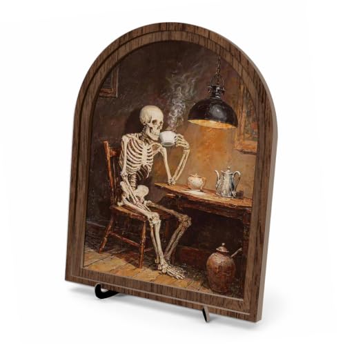 Halloween Skeleton Coffee Arched Wood Frame Decor, Vintage Cafe Wall Art - color: Color 25