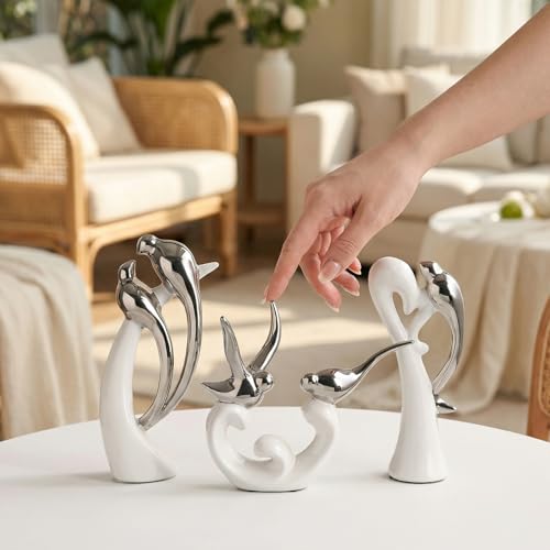 Ceramic Statues Set of 3, Birds and Base Sculpture Modern Home Decor - color: White and Silver