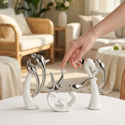 Ceramic Statues Set of 3, Birds and Base Sculpture Modern Home Decor - color: White and Silver