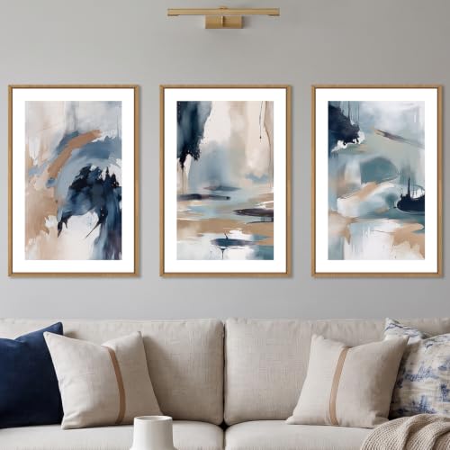 KAIRNE Navy Blue Abstract Brush Stroke Framed Canvas Wall Art Set-16"x24"x3 - color: Blue Shapes Wall Art, size: 16"L x 24"W