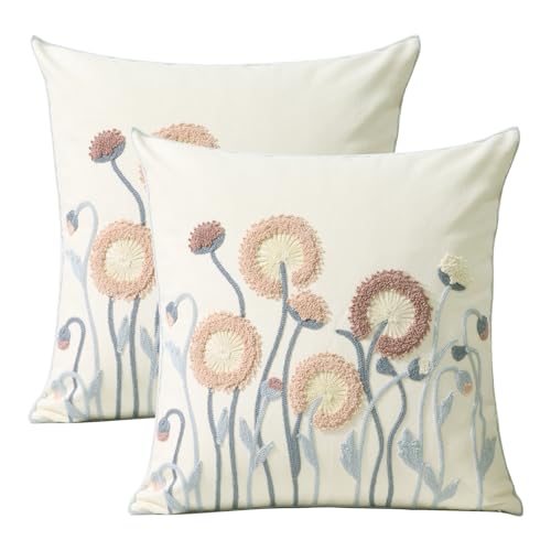 Pack of 2 Embroidered Throw Pillows Cover 18x18 Inch Decorative Pillowcase for Living Room Sofa Bed (Dandelion) - color: Dandelion
