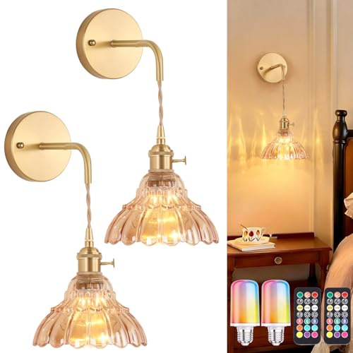 Shenmoyl Vintage Battery Operated wall sconces Set of 2, Wall Lamps with Amber Lily of the Shade Pattern Glass, Adjustable Chain Gold Wall Lights, sconces wall Decor for Stairway Living Room Doorway - color: Lily of the Valley-Amber, size: 2Pack-Battery O