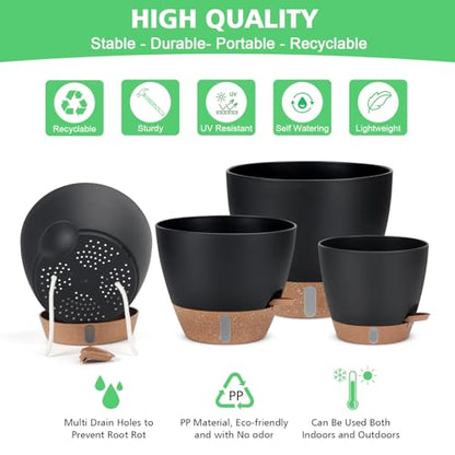12" 10" 9" 8" Self Watering Pot for Indoor Plants, Large Plastic Planters Set with Water Level Indicator Deep Reservoir Tray, Bottom Watering Big Flower Pots with Mesh Drainage Hole - Black - color: Black