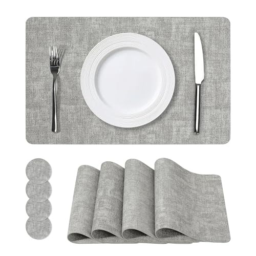 NCUE Vinyl Placemats Set of 4, 17"x12" Wipeable Place Mats with Coasters - color: Light Grey, size: Set of 4