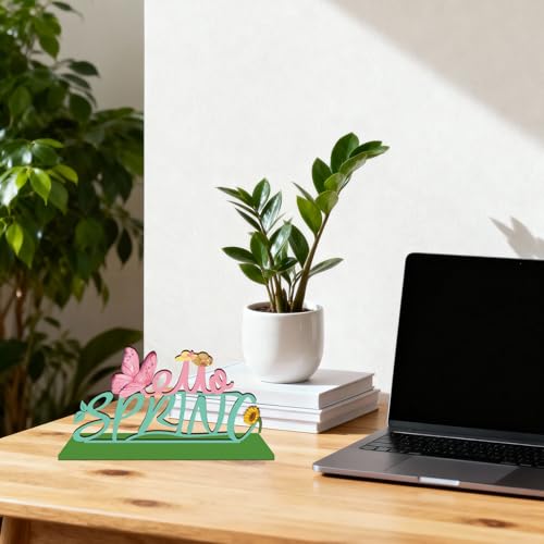 Hello Spring Wooden Table Sign with Base Spring Tabletop Decorations for Home Office Shelf Mantel Indoor Holiday Tiered Tray Spring Party Decor Gift