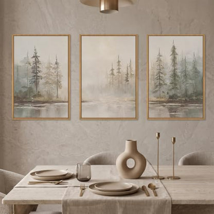 HPNIUB Large Neutral Misty Pine Tree Framed Canvas Wall Art Set -16"x24"x3 - color: Retro Forest Wall Art, size: 16"L x 24"W