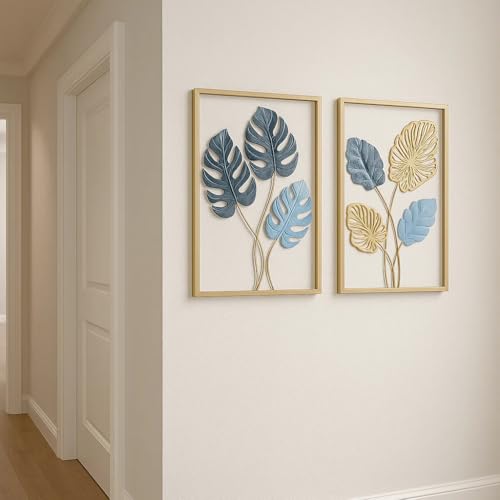 Bohemian 3D Metal Leaf Gold Wall Art Set of 3 | Boho Hallway Wall Hanging Home Decor for Farmhouse Living Room, Office, Bedroom, Indoor, Outdoor | Large Modern Minimalist Gold Metal Wall Sculptures(16x11")