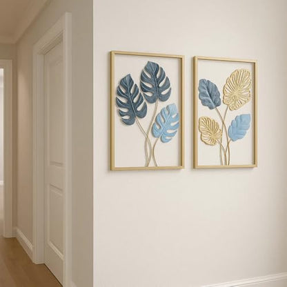 Bohemian 3D Metal Leaf Gold Wall Art Set of 3 | Boho Hallway Wall Hanging Home Decor for Farmhouse Living Room, Office, Bedroom, Indoor, Outdoor | Large Modern Minimalist Gold Metal Wall Sculptures(16x11")