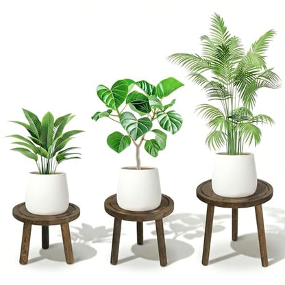 Wood Plant Stands Indoor, 3-Pack Single Plant Stand for 6-12 Inch Pots, Mid-Century Modern Plant Stool, Tall Wooden Plant Stand for Large Plants Perfect Fit for Living Room, Balcony, Office(Dark Brown)