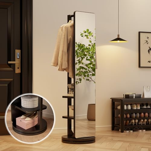 WoodsWhisper Full Length Mirror Coat Rack Solid Wood Floor Mirror 66"x12" Full Length Mirror with Stand Long Mirrors for Bedroom,Living Room (Black, 66" Lx12 W) - color: Black, size: 66"Lx12"W