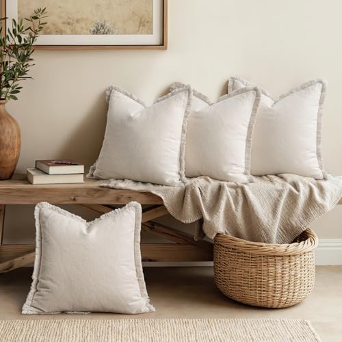 MIULEE Fall Linen Fringe Pillow Covers Set of 4 18x18 Neutral Beige - color: Neutral Beige, size: 18" x 18" (Pack of 4)
