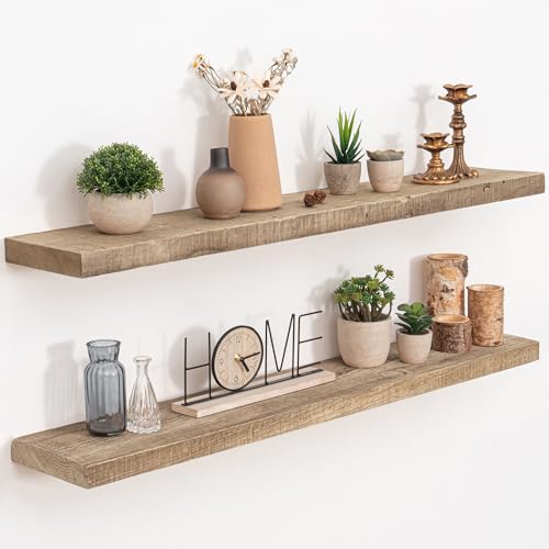 FLYJOE Floating Shelves Reclaimed Barnwood, 8" Deep Solid Wood Floating Shelf Wall Hanging Shelves with Invisible Heavy-Duty Metal Bracket | Wall Mounted | Farmhouse Style | 40 inches,2PCS,Natural - color: Distressed Natural, size: 40inches-2P