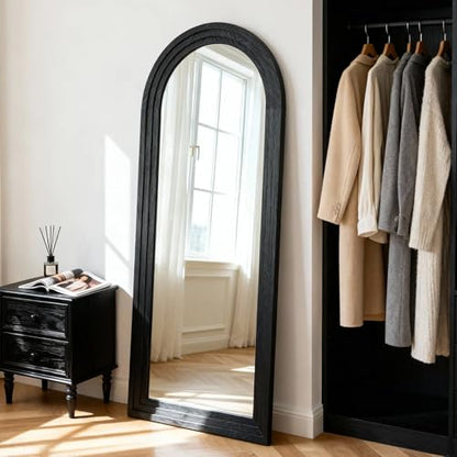 Floor Length Mirror with Stand Wood Floor Mirror,Arched Solid Wood Frame for Wall Door Bedroom Bathroom Living Room,Hanging or Leaning Wall-Mounted,Black