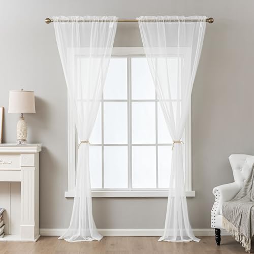White Sheer Curtains 63 Inch Length Rod Pocket - color: White, size: 42"W x 63"L (Pack of 2)