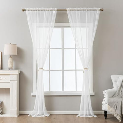 White Sheer Curtains 63 Inch Length Rod Pocket - color: White, size: 42"W x 63"L (Pack of 2)