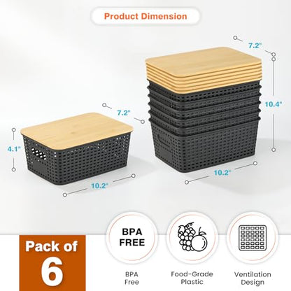 Ohmlove 6 Pack Plastic Storage Baskets with Bamboo Lids for Organization - color: Black