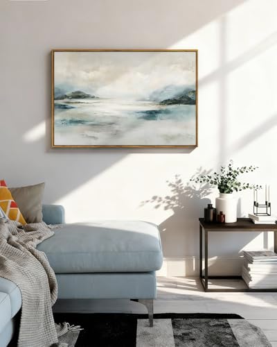 VIYYIEA Large Framed Canvas Wall Art, 24x36 Inch Abstract Coastal Landscape Art Print, Soft Blue and Green Neutral Ocean Wall Decor for Living Room Bedroom Home Office - color: Abstract Lake View, size: 36"L x 24"W