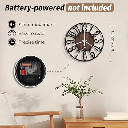 Maxstar 10" Silent Wall Clock – Battery Operated, Rustic Metal & Wood - color: Brown, size: 10 Inch