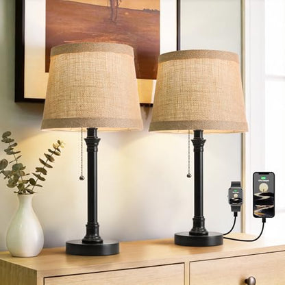 Oneach 19.5" Small Table Lamps Set of 2 for Living Room Bedroom, USB A+C - color: Black Metallic