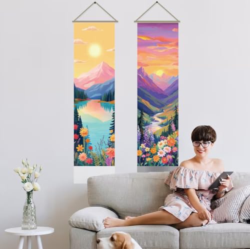 AHANDMAKER 2Pcs Colorful Sunrise and Sunset Tapestry, Mountain River Landscape Long Vertical Wall Hanging, Nature Scenery Tassel Wall Aesthetic Tapestry for Bedroom Living Room, 45.7x13Inch - color: Sunrise and Sunset