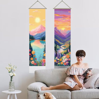 AHANDMAKER 2Pcs Colorful Sunrise and Sunset Tapestry, Mountain River Landscape Long Vertical Wall Hanging, Nature Scenery Tassel Wall Aesthetic Tapestry for Bedroom Living Room, 45.7x13Inch - color: Sunrise and Sunset